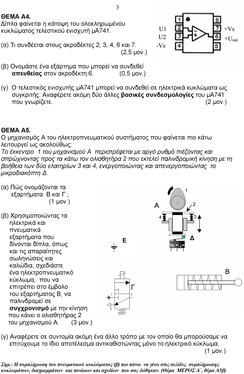 ) 3 U1 U2 -Vs +Vs +U out (γ) Ο τελεστικός ενισχυτής μα741 μπορεί να συνδεθεί σε ηλεκτρικά κυκλώματα ως συγκριτής. Αναφέρετε ακόμη δύο άλλες βασικές συνδεσμολογίες του μα741 που γνωρίζετε. ΘΕΜΑ Α5.