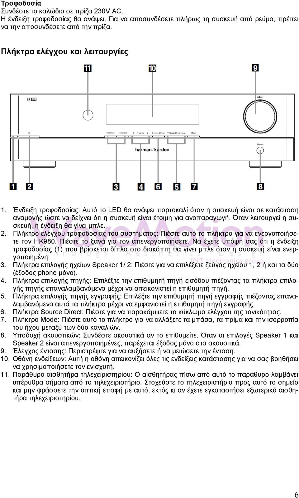 Όταν λειτουργεί η συσκευή, η ένδειξη θα γίνει μπλε. 2. Πλήκτρο ελέγχου τροφοδοσίας του συστήματος: Πιέστε αυτό το πλήκτρο για να ενεργοποιήσετε τον HK980. Πιέστε το ξανά για τον απενεργοποιήσετε.