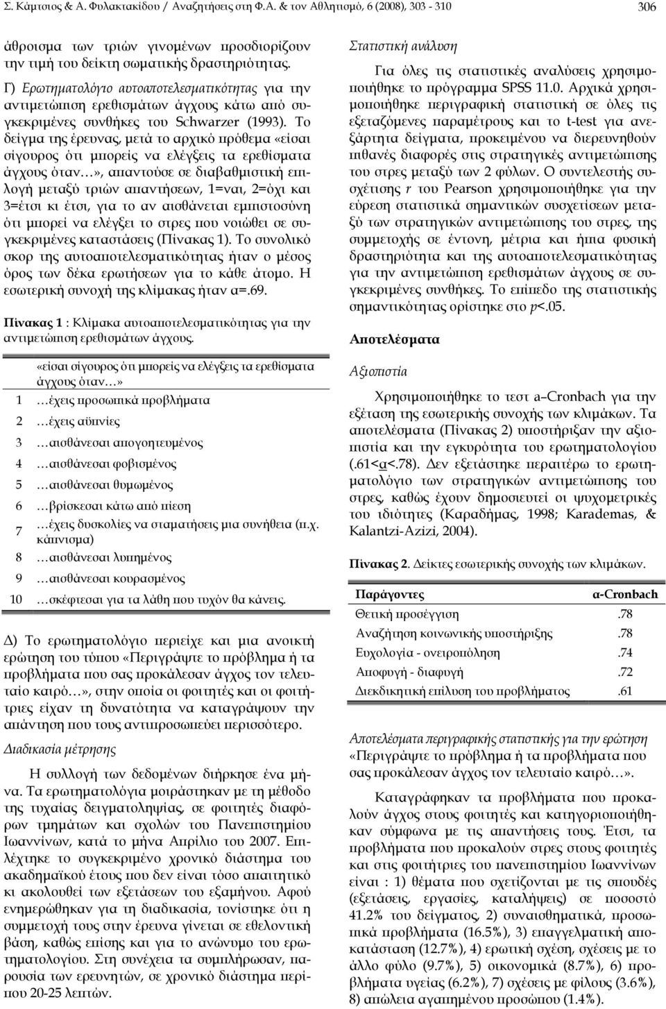 Το δείγμα της έρευνας, μετά το αρχικό πρόθεμα «είσαι σίγουρος ότι μπορείς να ελέγξεις τα ερεθίσματα άγχους όταν», απαντούσε σε διαβαθμιστική επιλογή μεταξύ τριών απαντήσεων, 1=ναι, 2=όχι και 3=έτσι