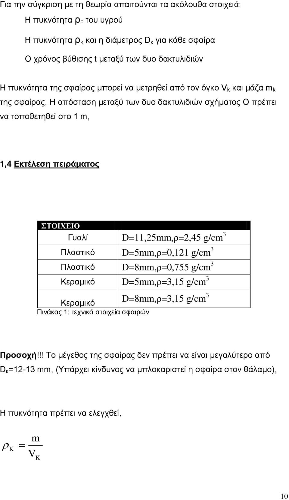 Δκηέλεζη πειπάμαηορ ΣΤΟΙΧΕΙΟ Γπαιί D=11,5mm,π=,45 g/cm 3 Πιαζηηθό D=5mm,π=0,11 g/cm 3 Πιαζηηθό D=8mm,π=0,755 g/cm 3 Κεξακηθό D=5mm,π=3,15 g/cm 3 Κεξακηθό Πηλάθαο 1: ηερληθά ζηνηρεία