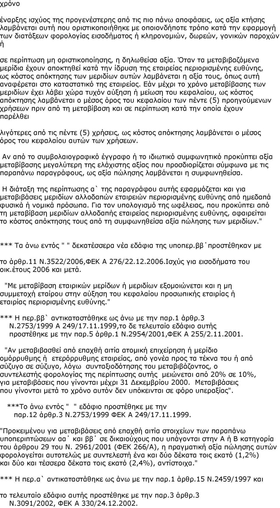 Όταν τα μεταβιβαζόμενα μερίδια έχουν αποκτηθεί κατά την ίδρυση της εταιρείας περιορισμένης ευθύνης, ως κόστος απόκτησης των μεριδίων αυτών λαμβάνεται η αξία τους, όπως αυτή αναφέρεται στο καταστατικό