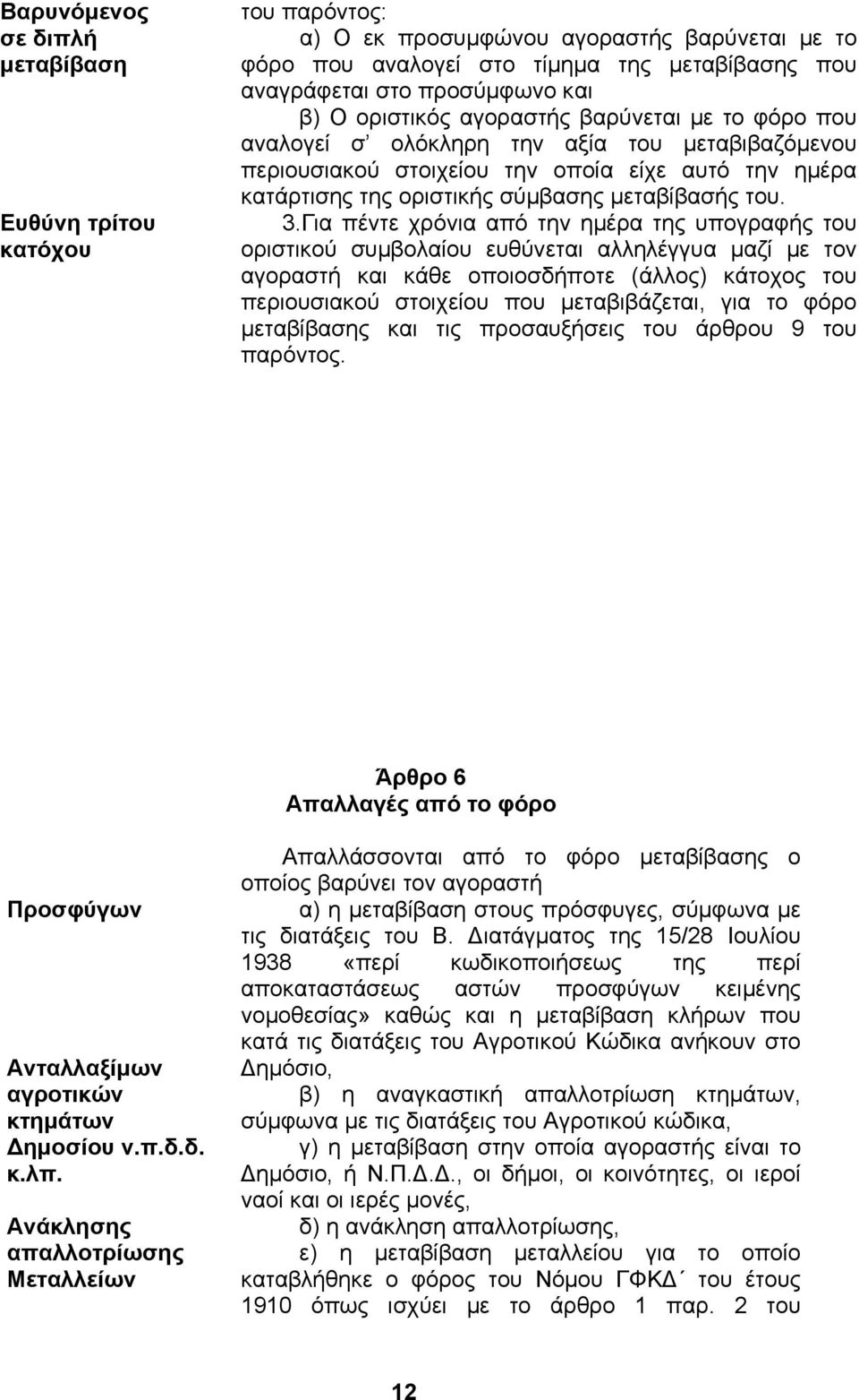 Για πέντε χρόνια από την ηµέρα της υπογραφής του οριστικού συµβολαίου ευθύνεται αλληλέγγυα µαζί µε τον αγοραστή και κάθε οποιοσδήποτε (άλλος) κάτοχος του περιουσιακού στοιχείου που µεταβιβάζεται, για