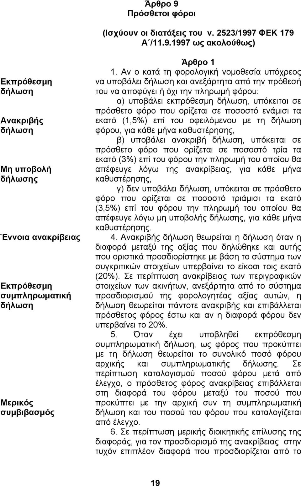 ορίζεται σε ποσοστό ενάµισι τα εκατό (1,5%) επί του οφειλόµενου µε τη δήλωση φόρου, για κάθε µήνα καθυστέρησης, β) υποβάλει ανακριβή δήλωση, υπόκειται σε πρόσθετο φόρο που ορίζεται σε ποσοστό τρία τα