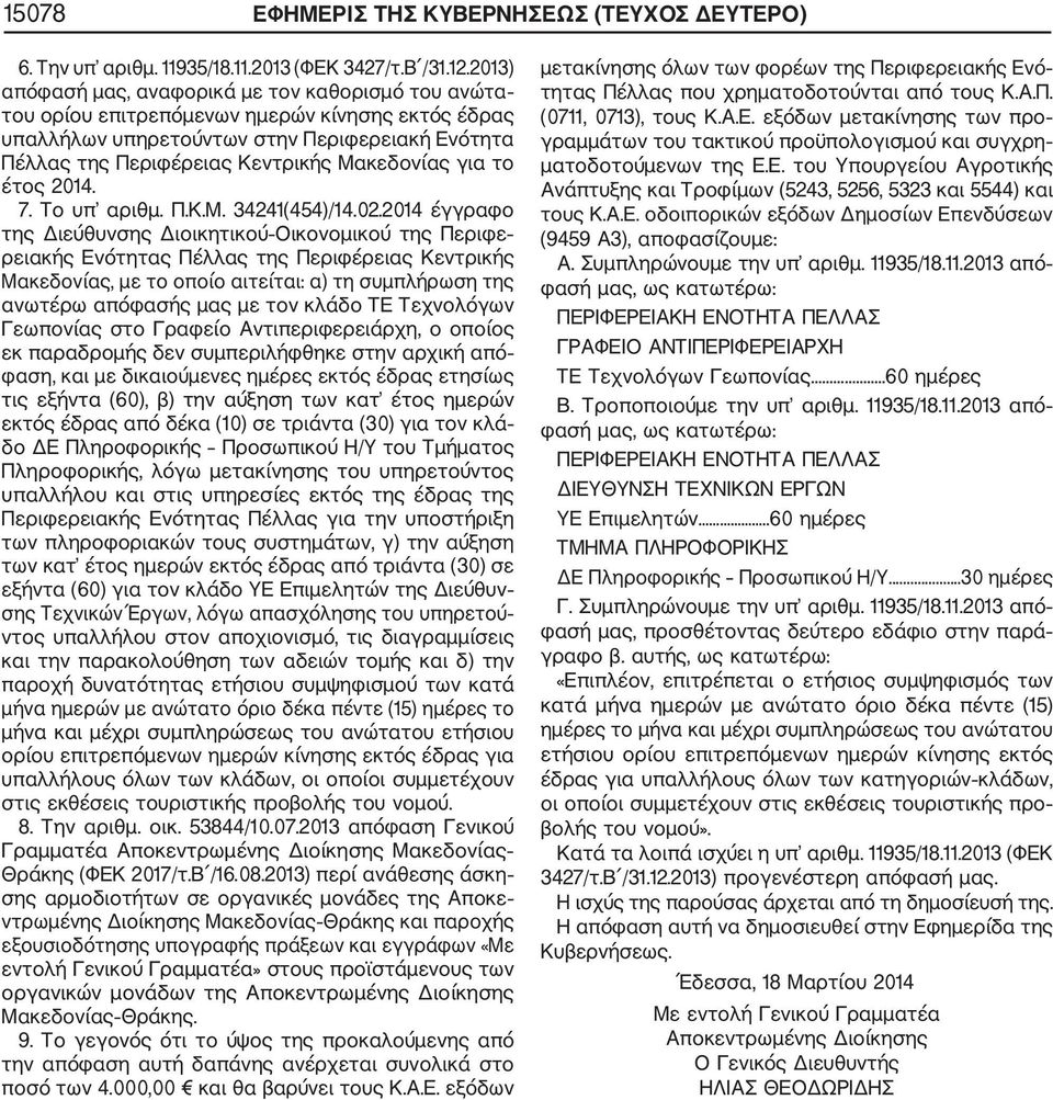 για το έτος 2014. 7. Το υπ αριθμ. Π.Κ.Μ. 34241(454)/14.02.