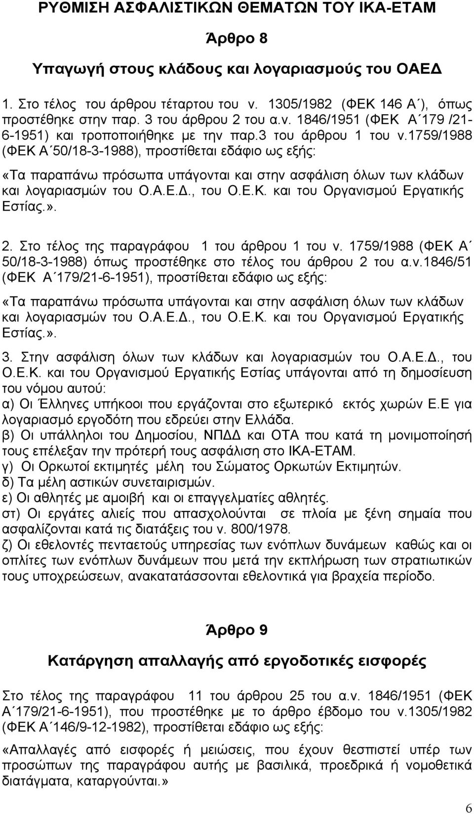 1759/1988 (ΦΕΚ Α 50/18-3-1988), προστίθεται εδάφιο ως εξής: «Τα παραπάνω πρόσωπα υπάγονται και στην ασφάλιση όλων των κλάδων και λογαριασμών του Ο.Α.Ε.., του Ο.Ε.Κ. και του Οργανισμού Εργατικής Εστίας.