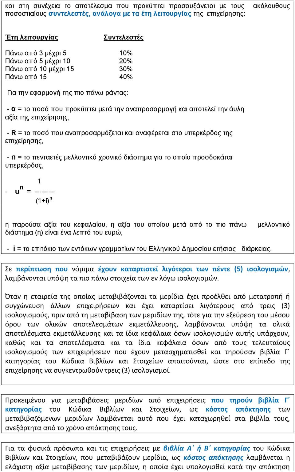 επιχείρησης, - R = το ποσό που αναπροσαρμόζεται και αναφέρεται στο υπερκέρδος της επιχείρησης, - n = το πενταετές μελλοντικό χρονικό διάστημα για το οποίο προσδοκάται υπερκέρδος, 1 - u n = ---------