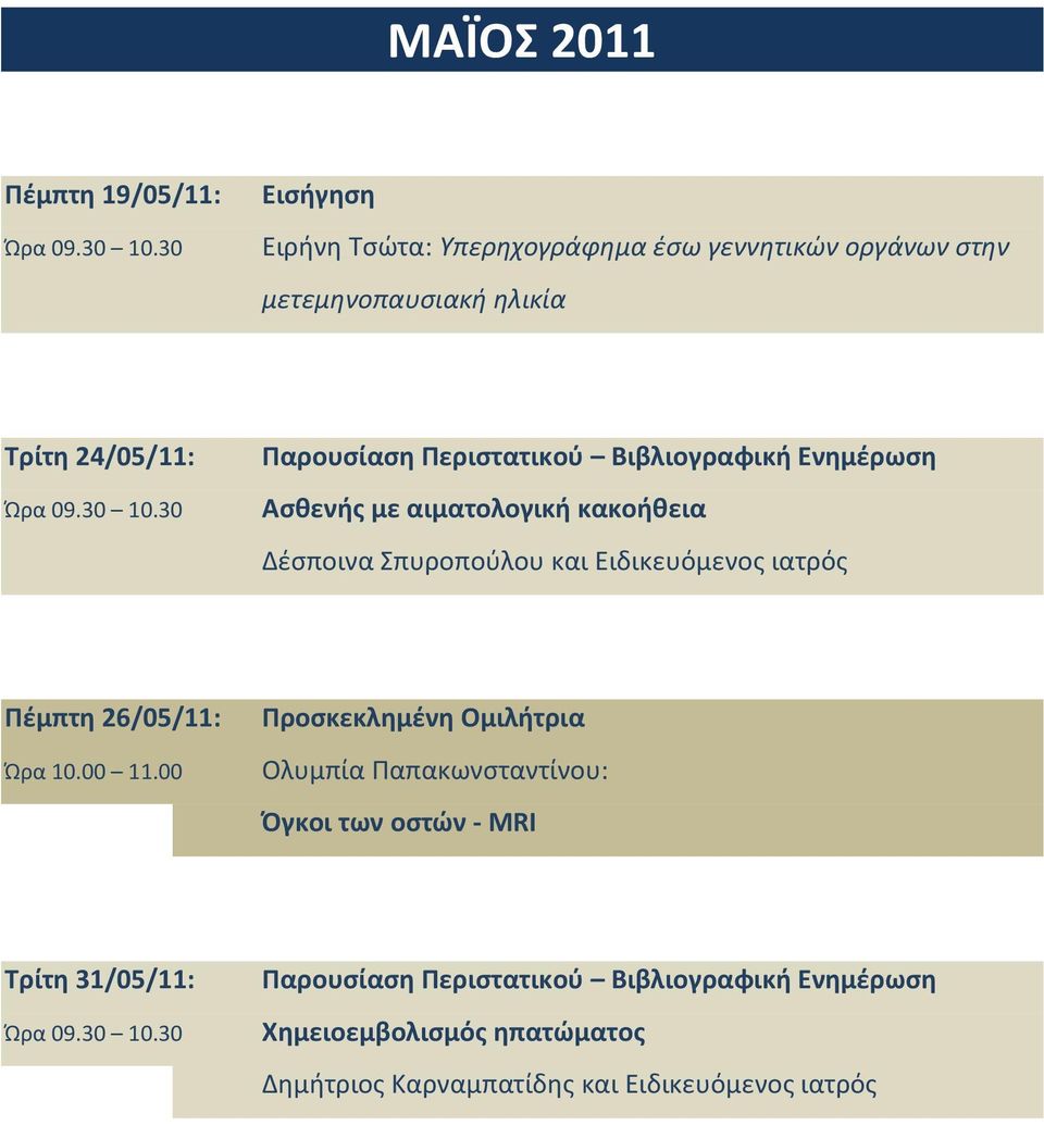 Ειδικευόμενοσ ιατρόσ Πζμπτη 26/05/11: Προςκεκλημζνη Ομιλήτρια Ολυμπία Παπακωνςταντίνου: Όγκοι των