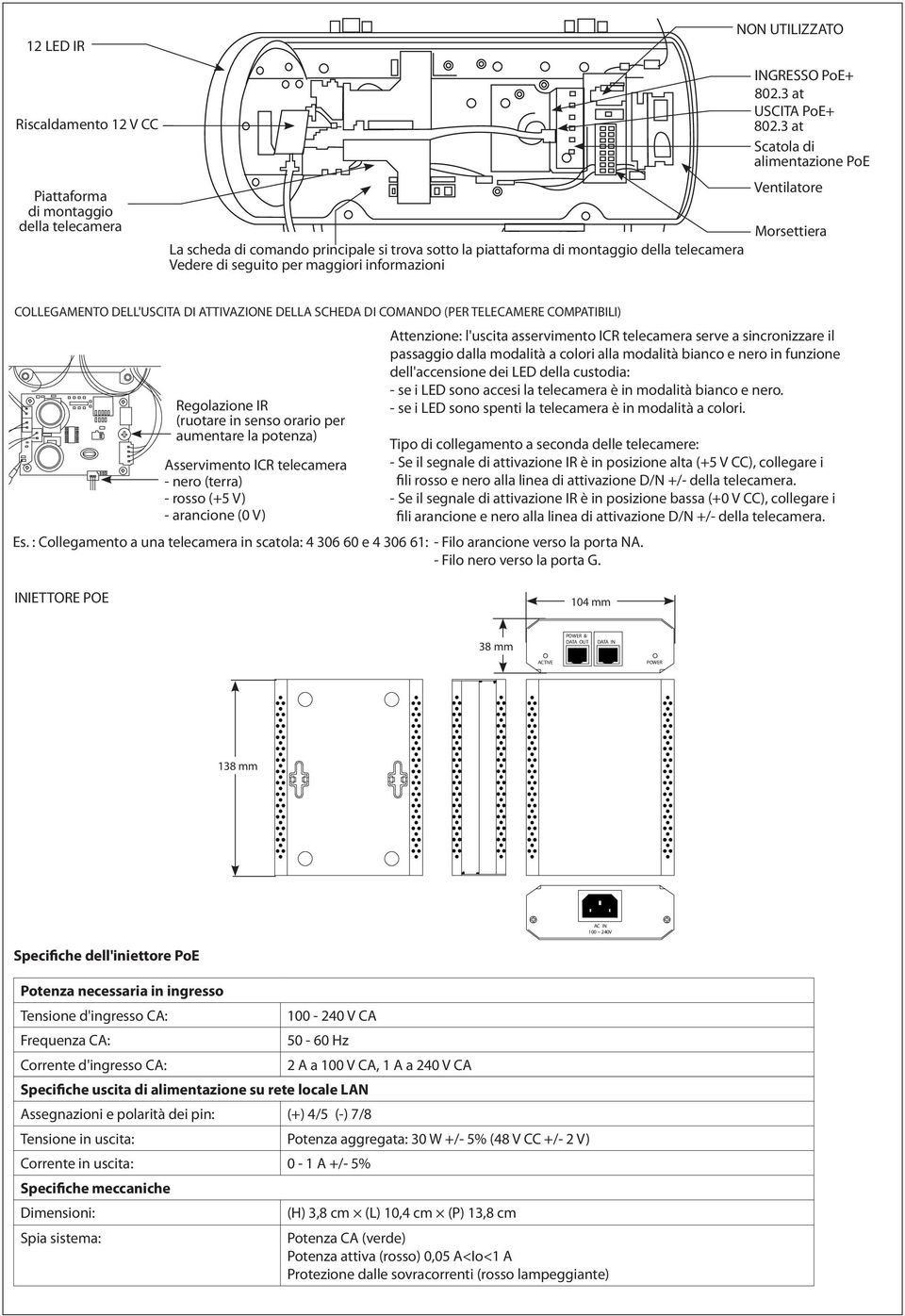 3 at Scatola di alimentazione PoE Ventilatore Morsettiera COLLEGAMENTO DELL'USCITA DI ATTIVAZIONE DELLA SCHEDA DI COMANDO (PER TELECAMERE COMPATIBILI) Regolazione IR (ruotare in senso orario per