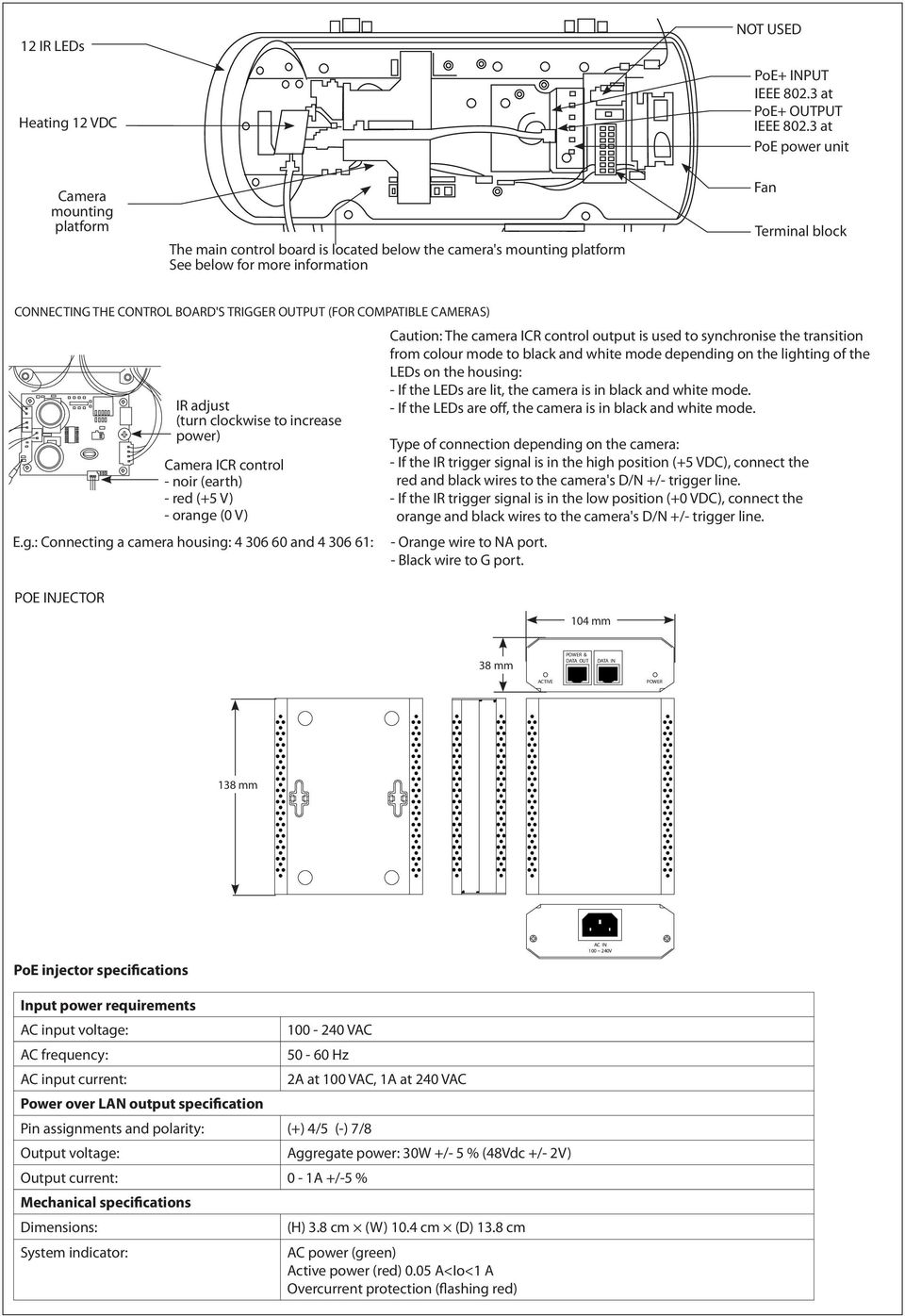 3 at PoE power unit Fan Terminal block CONNECTING THE CONTROL BOARD'S TRIGGER OUTPUT (FOR COMPATIBLE CAMERAS) IR adjust (turn clockwise to increase power) Camera ICR control - noir (earth) - red (+5