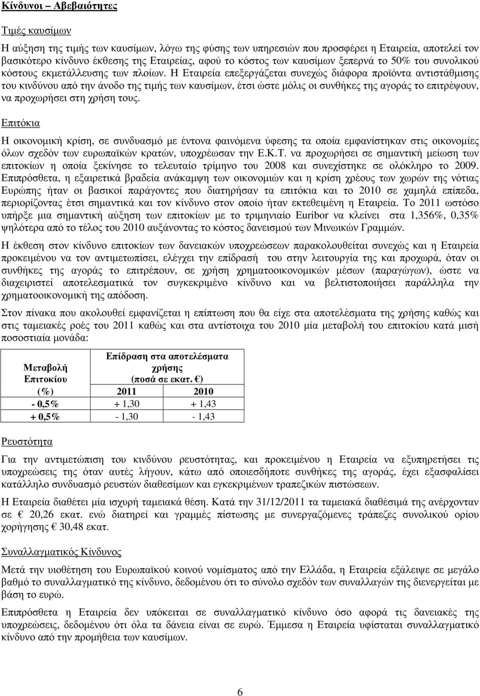 Η Εταιρεία επεξεργάζεται συνεχώς διάφορα προϊόντα αντιστάθµισης του κινδύνου από την άνοδο της τιµής των καυσίµων, έτσι ώστε µόλις οι συνθήκες της αγοράς το επιτρέψουν, να προχωρήσει στη χρήση τους.