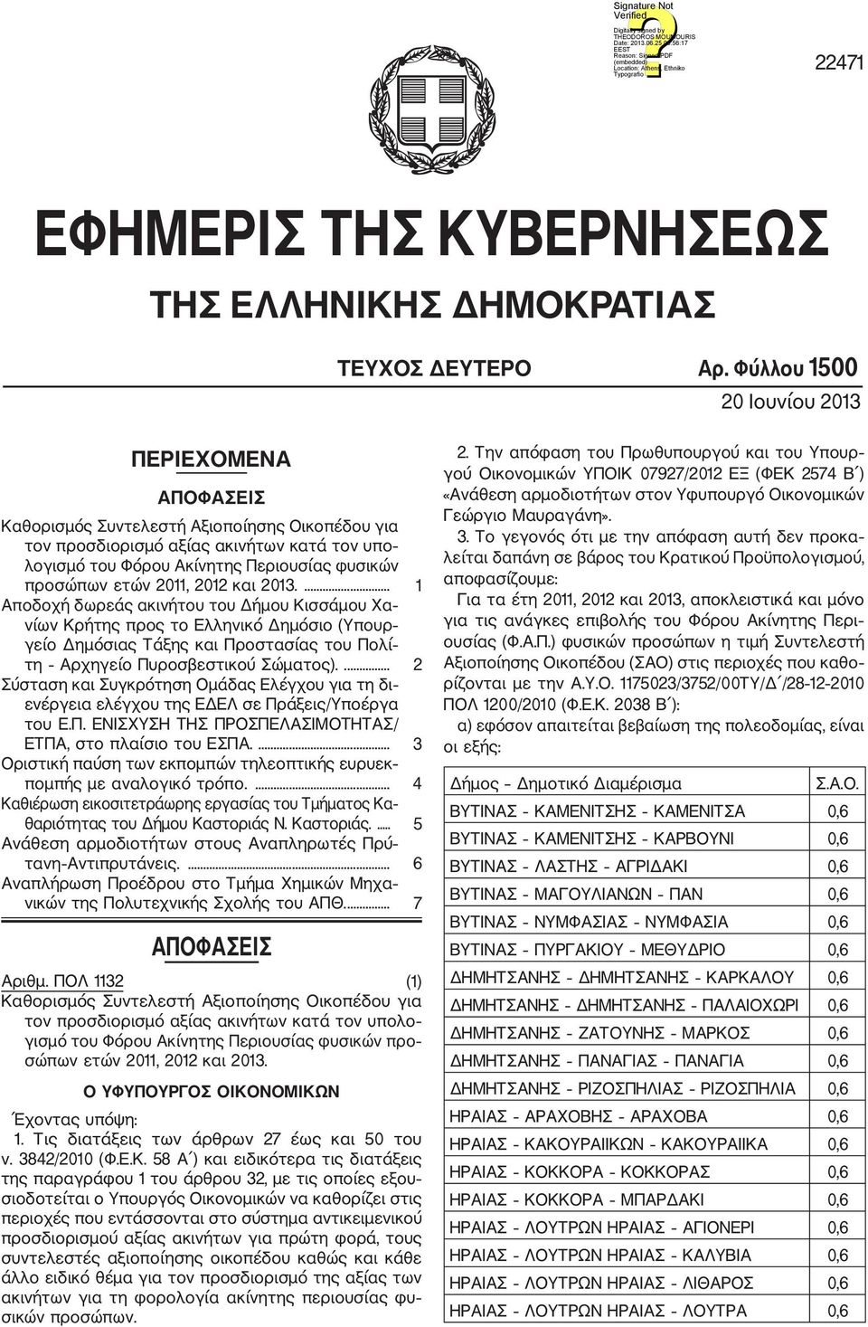 ετών 2011, 2012 και 2013.... 1 Αποδοχή δωρεάς ακινήτου του Δήμου Κισσάμου Χα νίων Κρήτης προς το Ελληνικό Δημόσιο (Υπουρ γείο Δημόσιας Τάξης και Προστασίας του Πολί τη Αρχηγείο Πυροσβεστικού Σώματος).