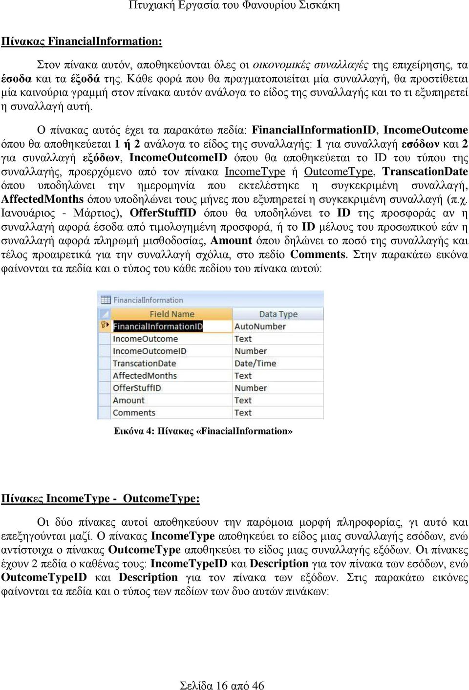 Ο πίνακας αυτός έχει τα παρακάτω πεδία: FinancialInformationID, IncomeOutcome όπου θα αποθηκεύεται 1 ή 2 ανάλογα το είδος της συναλλαγής: 1 για συναλλαγή εσόδων και 2 για συναλλαγή εξόδων,