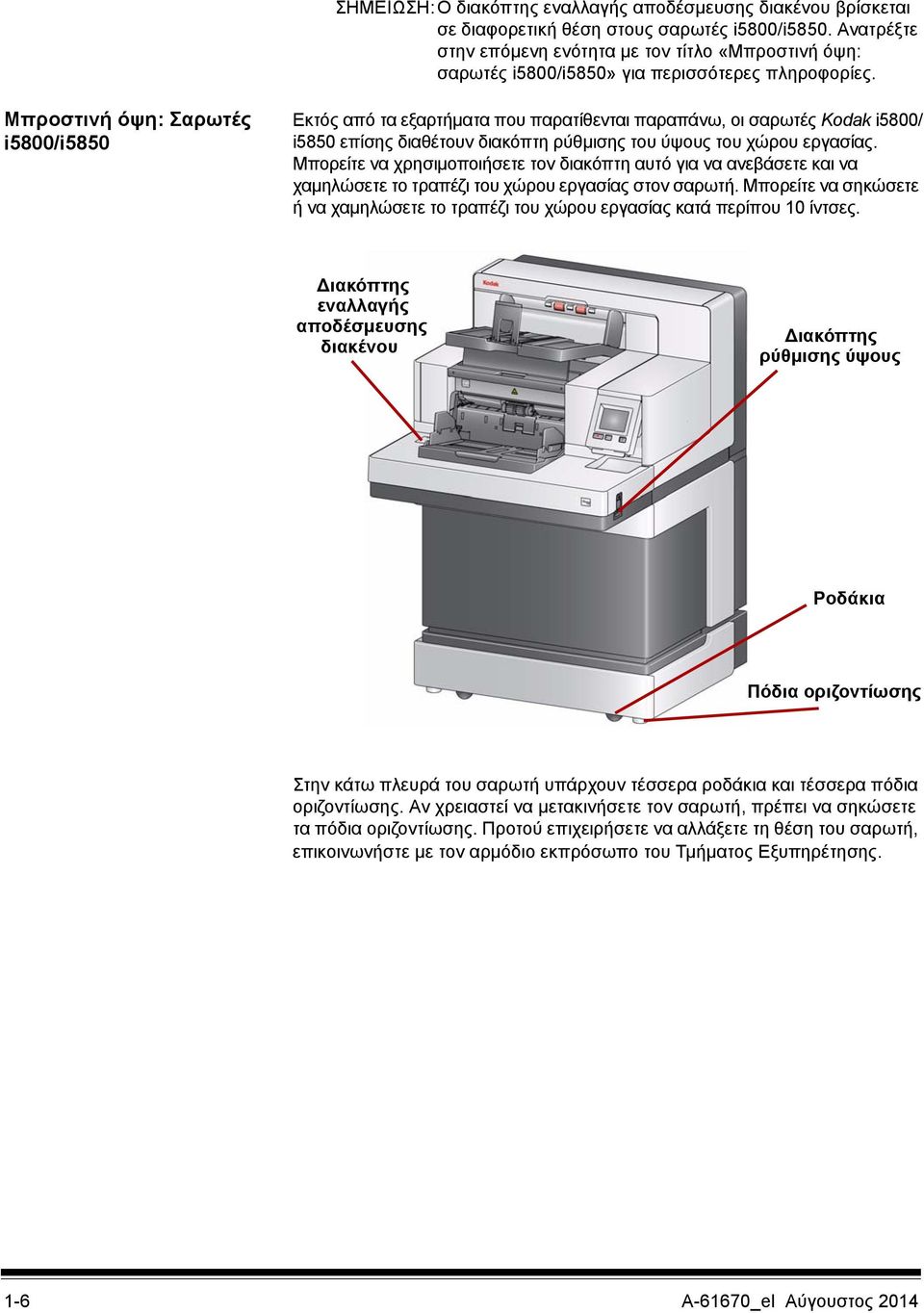 Μπροστινή όψη: Σαρωτές i5800/i5850 Εκτός από τα εξαρτήματα που παρατίθενται παραπάνω, οι σαρωτές Kodak i5800/ i5850 επίσης διαθέτουν διακόπτη ρύθμισης του ύψους του χώρου εργασίας.