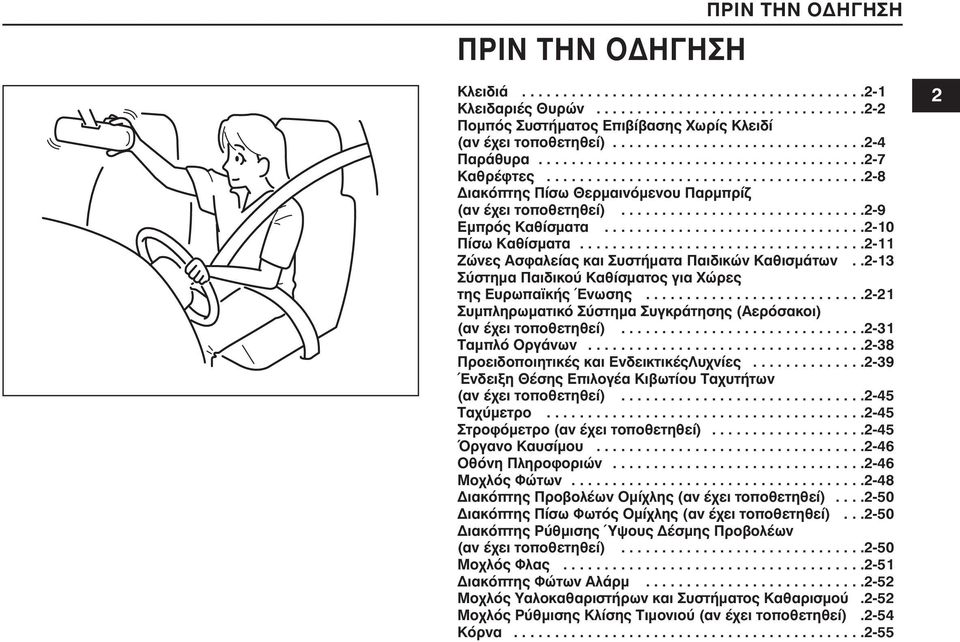 .............................2-9 Εµπρός Καθίσµατα................................2-10 Πίσω Καθίσµατα...................................2-11 Ζώνες Ασφαλείας και Συστήµατα Παιδικών Καθισµάτων.
