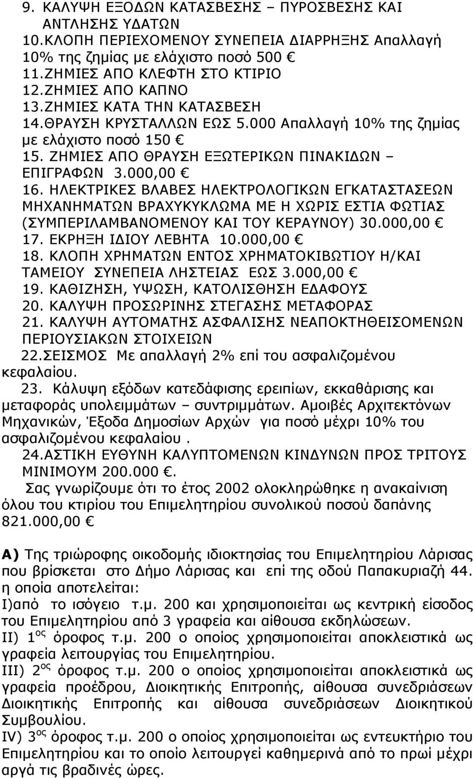 ΗΛΕΚΤΡΙΚΕΣ ΒΛΑΒΕΣ ΗΛΕΚΤΡΟΛΟΓΙΚΩΝ ΕΓΚΑΤΑΣΤΑΣΕΩΝ ΜΗΧΑΝΗΜΑΤΩΝ ΒΡΑΧΥΚΥΚΛΩΜΑ ΜΕ Η ΧΩΡΙΣ ΕΣΤΙΑ ΦΩΤΙΑΣ (ΣΥΜΠΕΡΙΛΑΜΒΑΝΟΜΕΝΟΥ ΚΑΙ ΤΟΥ ΚΕΡΑΥΝΟΥ) 30.000,00 17. ΕΚΡΗΞΗ Ι ΙΟΥ ΛΕΒΗΤΑ 10.000,00 18.