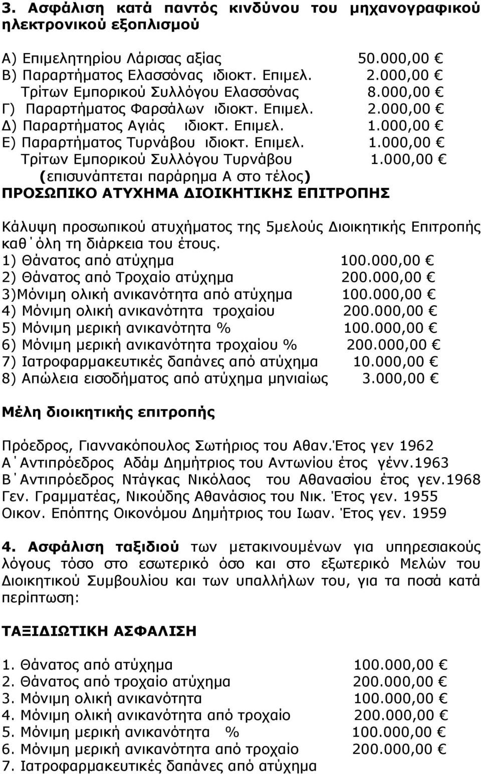 000,00 (επισυνάπτεται παράρηµα Α στο τέλος) ΠΡΟΣΩΠΙΚΟ ΑΤΥΧΗΜΑ ΙΟΙΚΗΤΙΚΗΣ ΕΠΙΤΡΟΠΗΣ Κάλυψη προσωπικού ατυχήµατος της 5µελούς ιοικητικής Επιτροπής καθ όλη τη διάρκεια του έτους.