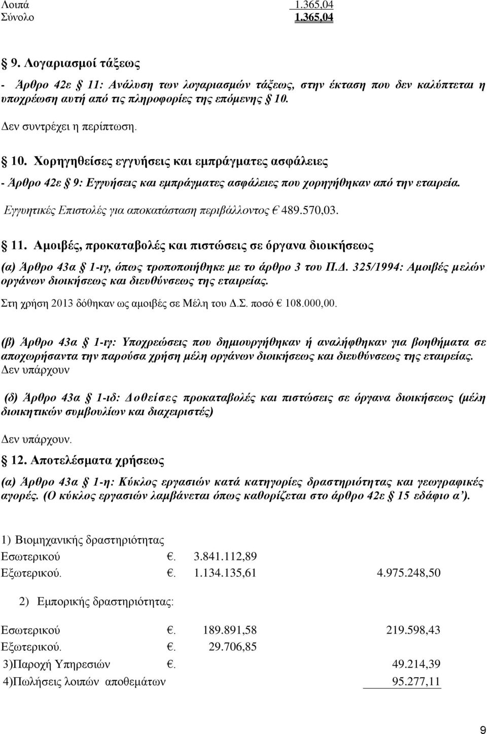 570,03. 11. Αμοιβές, προκαταβολές και πιστώσεις σε όργανα διοικήσεως (α) Άρθρο 43α 1-ιγ, όπως τροποποιήθηκε με το άρθρο 3 του Π.Δ.