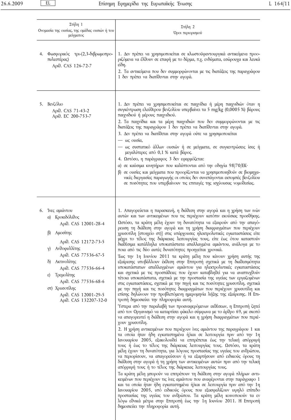 Τα αντικείμενα που δεν συμμορφώνονται με τις διατάξεις της παραγράφου 1 δεν πρέπει να διατίθενται στην αγορά. 5. Βενζόλιο Αριθ. CΑS 71-43-2 Αριθ. EC 200-753-7 1.