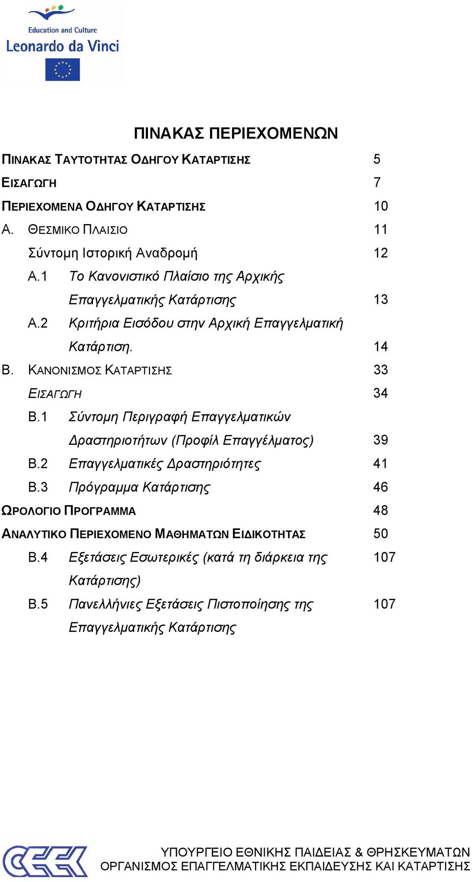 ΚΑΝΟΝΙΣΜΟΣ ΚΑΤΑΡΤΙΣΗΣ 33 ΕΙΣΑΓΩΓΗ 34 Β.1 Σύντομη Περιγραφή Επαγγελματικών Δραστηριοτήτων (Προφίλ Επαγγέλματος) 39 Β.2 Επαγγελματικές Δραστηριότητες 41 Β.