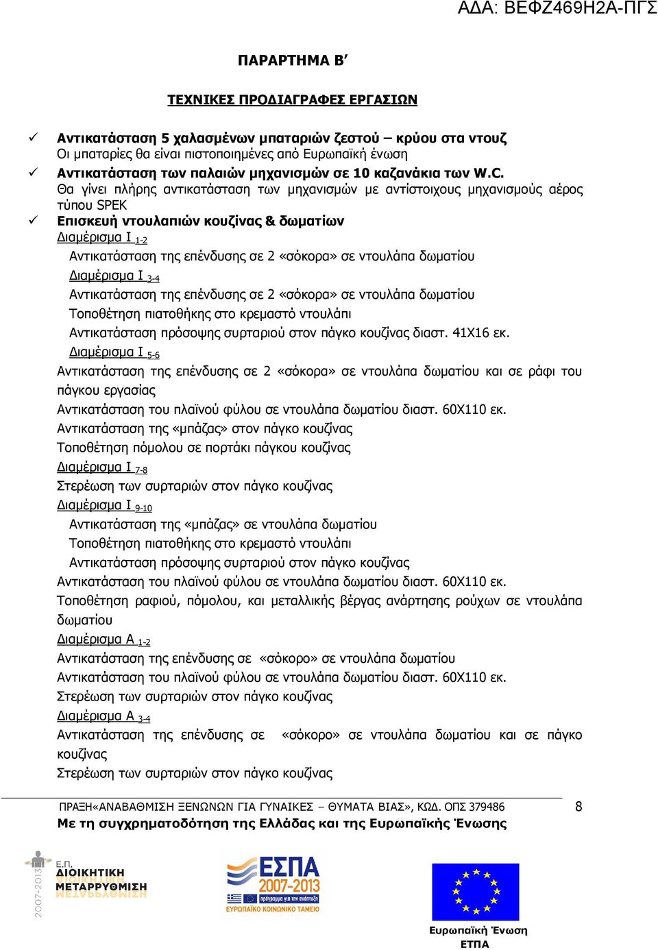 Θα γίνει πλήρης αντικατάσταση των µηχανισµών µε αντίστοιχους µηχανισµούς αέρος τύπου SPEK Επισκευή ντουλαπιών κουζίνας & δωµατίων ιαµέρισµα Ι 1-2 Αντικατάσταση της επένδυσης σε 2 «σόκορα» σε ντουλάπα