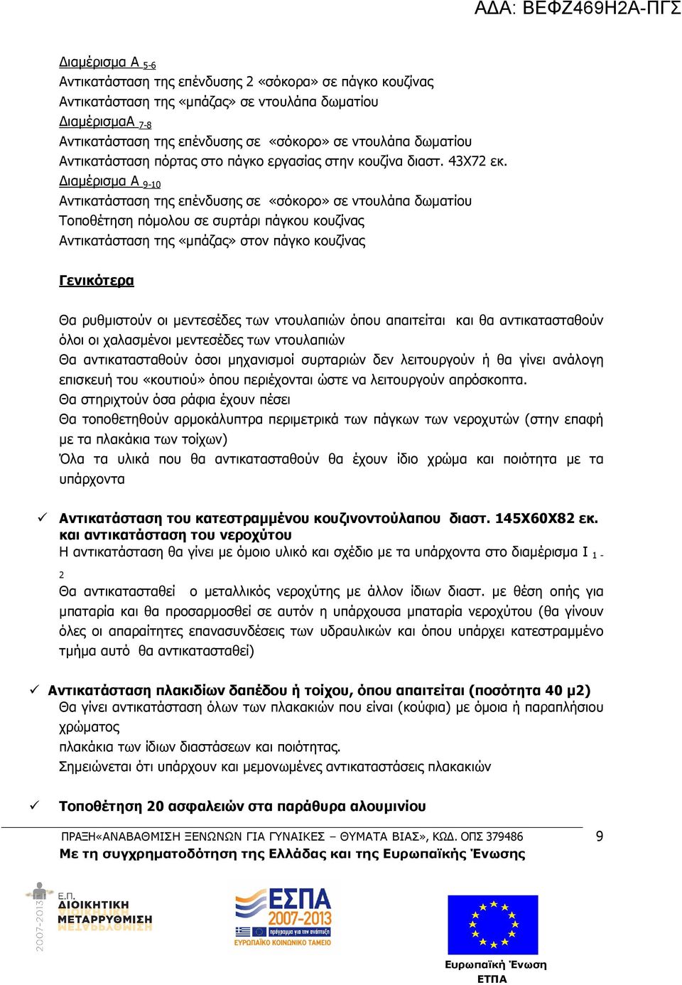 ιαµέρισµα Α 9-10 Αντικατάσταση της επένδυσης σε «σόκορο» σε ντουλάπα δωµατίου Τοποθέτηση πόµολου σε συρτάρι πάγκου κουζίνας Αντικατάσταση της «µπάζας» στον πάγκο κουζίνας Γενικότερα Θα ρυθµιστούν οι