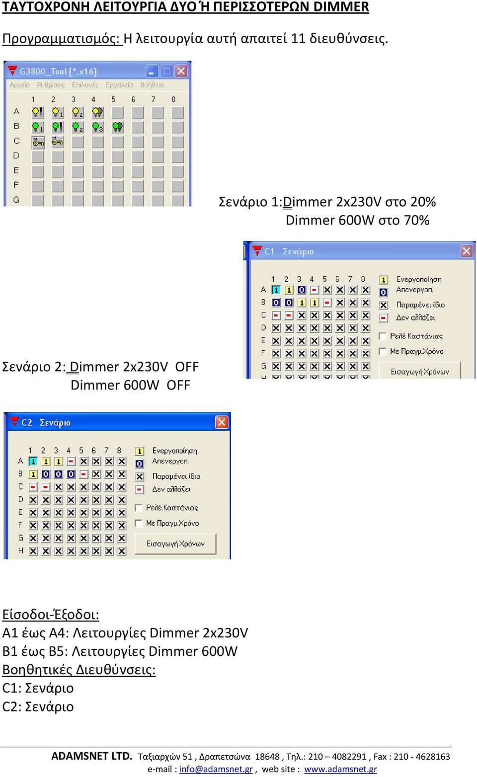 Σενάριο 1:Dimmer 2x230V στο 20% Dimmer 600W στο 70% Σενάριο 2: Dimmer 2x230V OFF