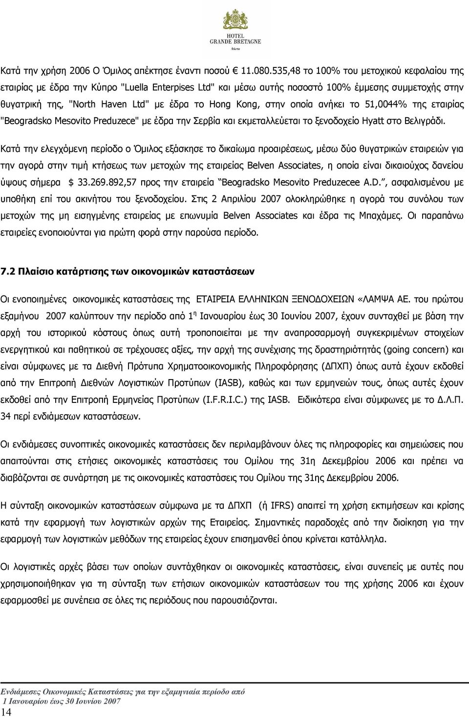 Kong, στην οποία ανήκει το 51,0044% της εταιρίας "Beogradsko Mesovito Preduzece" µε έδρα την Σερβία και εκµεταλλεύεται το ξενοδοχείο Hyatt στο Βελιγράδι.