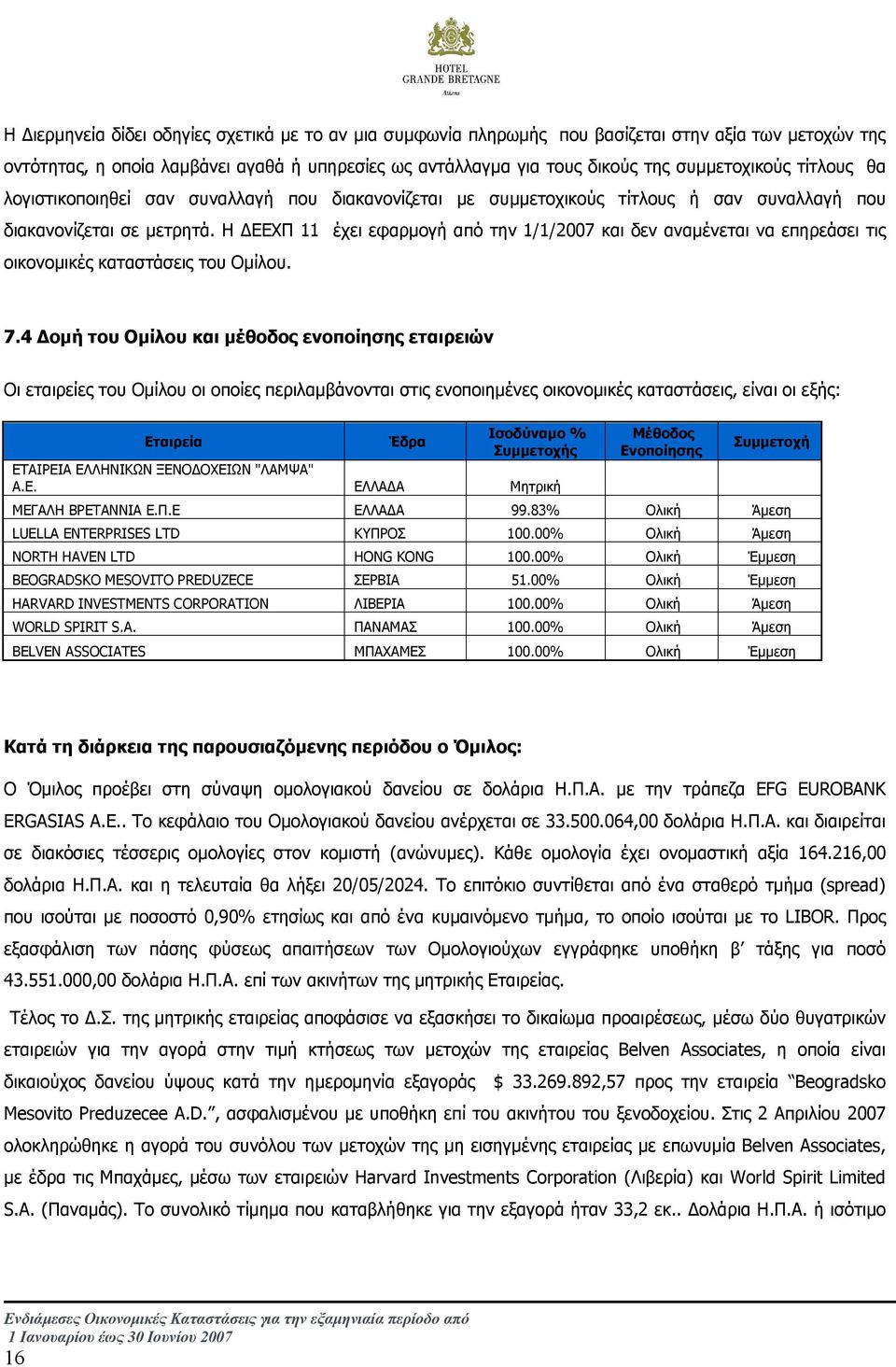 Η ΕΕΧΠ 11 έχει εφαρµογή από την 1/1/2007 και δεν αναµένεται να επηρεάσει τις οικονοµικές καταστάσεις του Οµίλου. 7.