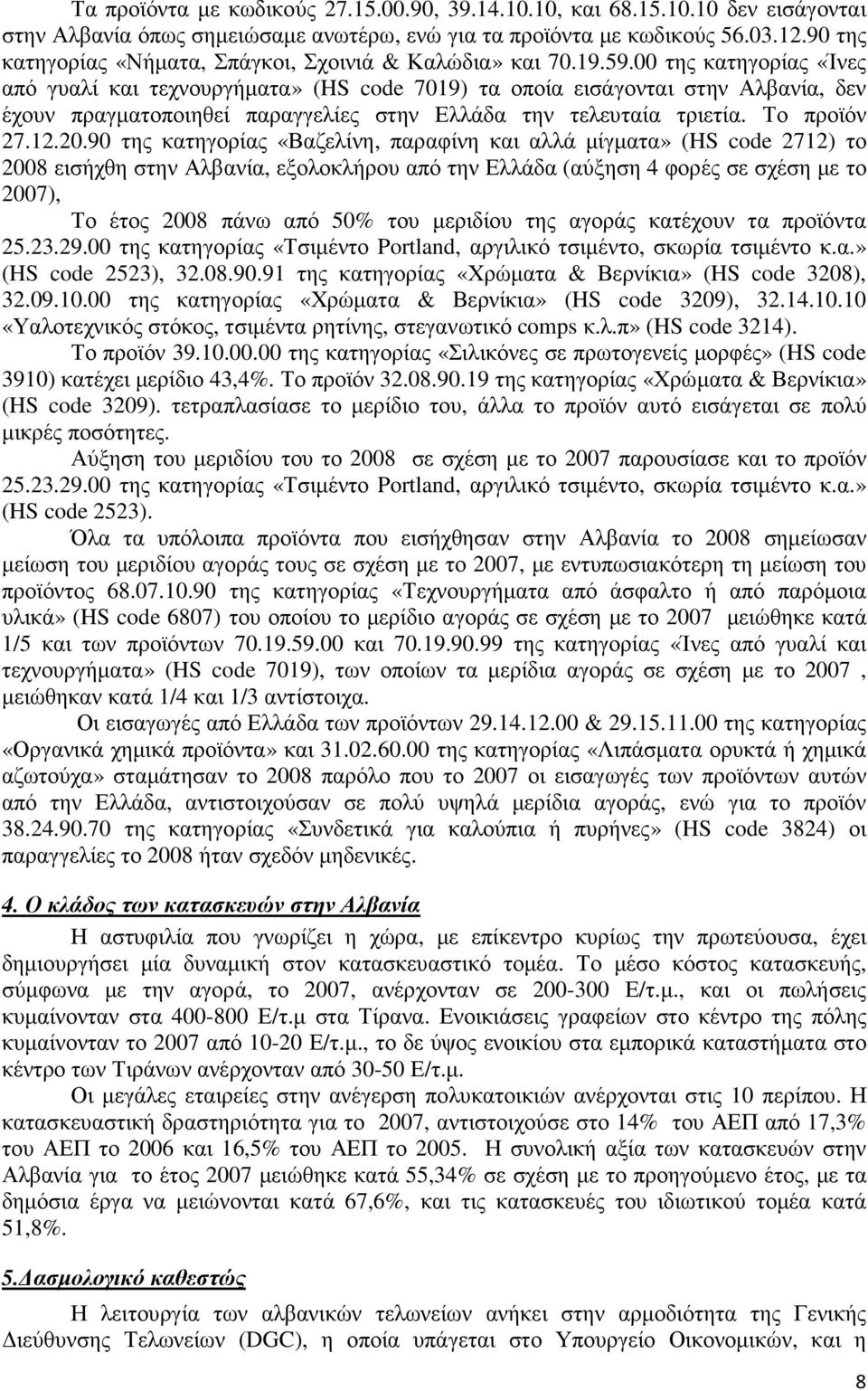 00 της κατηγορίας «Ίνες από γυαλί και τεχνουργήµατα» (HS code 7019) τα οποία εισάγονται στην Αλβανία, δεν έχουν πραγµατοποιηθεί παραγγελίες στην Ελλάδα την τελευταία τριετία. Το προϊόν 27.12.20.