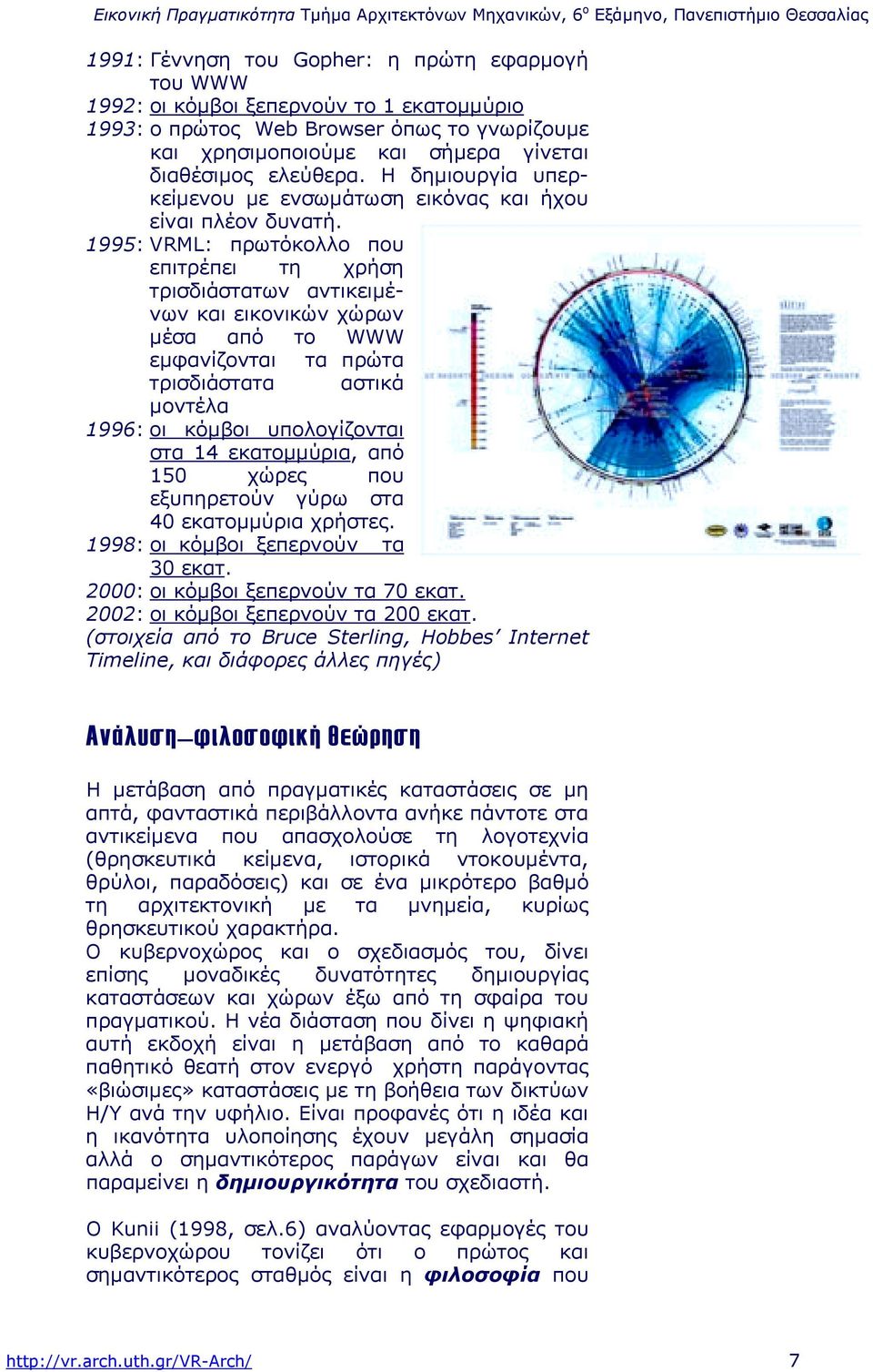 1995: VRML: πρωτόκολλο που επιτρέπει τη χρήση τρισδιάστατων αντικειµένων και εικονικών χώρων µέσα από το WWW εµφανίζονται τα πρώτα τρισδιάστατα αστικά µοντέλα 1996: οι κόµβοι υπολογίζονται στα 14