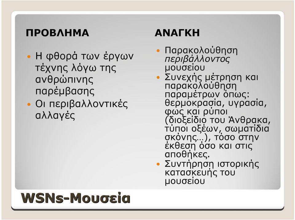 παραμέτρων όπως: θερμοκρασία, υγρασία, φως και ρύποι (διοξείδιο του Άνθρακα, τύποι οξέων,