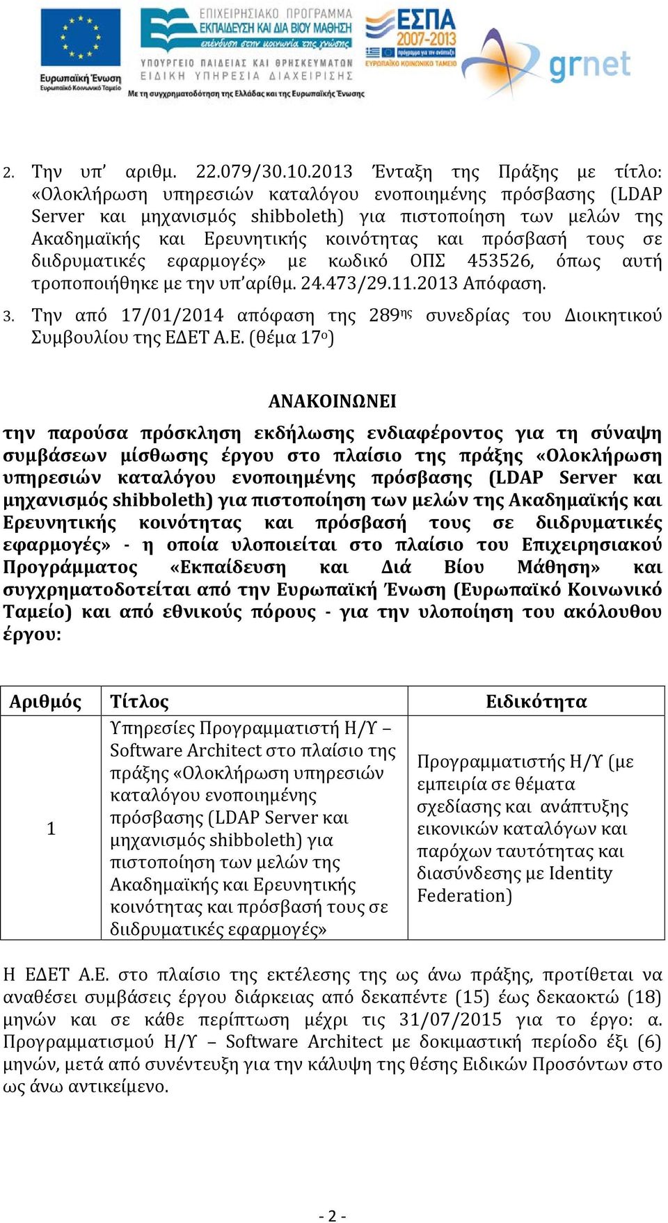 και πρόσβασή τους σε διιδρυματικές εφαρμογές» με κωδικό ΟΠΣ 453526, όπως αυτή τροποποιήθηκε με την υπ αρίθμ. 24.473/29.11.2013 Απόφαση. 3.