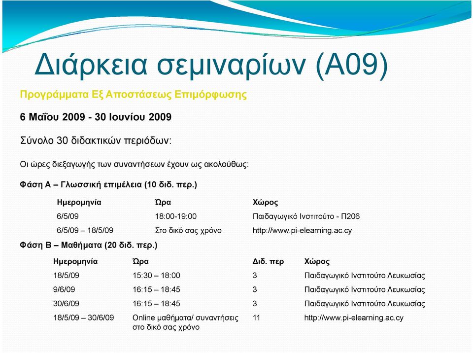 pi-elearning.ac.cy Φάση Β Μαθήματα (20 διδ. περ.) Ημερομηνία μρ μη Ώρα Διδ.