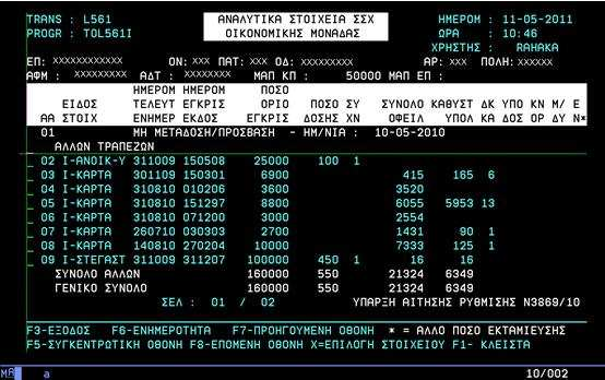 4.5 Αναλυτική Εµφάνιση Χορηγήσεων Από οποιαδήποτε συνολική ή συγκεντρωτική Οθόνη (Οθόνες 4, 5 ή 6) ο χρήστης µπορεί να επιλέξει την αναλυτική εµφάνιση των δεδοµένων της ΟΜ πατώντας το f- key F2.