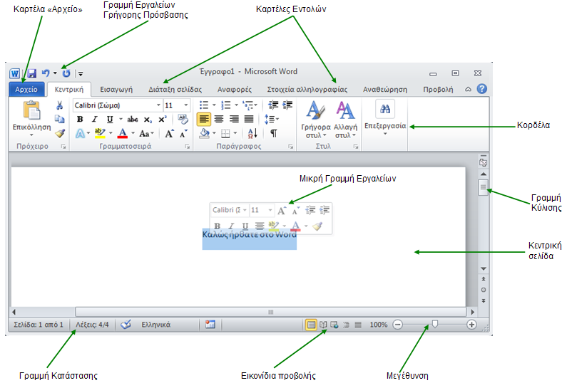 127 Επεξεργασία κειμένου Microsoft Word 2010 3.1.2 Η Οθόνη του Word 2010 Μόλις εκκινήσουμε το Word, ανοίγει η ακόλουθη οθόνη, με όλα τα στοιχεία που απεικονίζονται εδώ: Εάν έχουμε χρησιμοποιήσει την