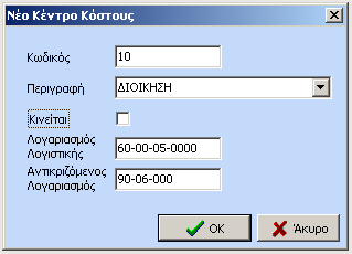 Εάν θέλουμε να παρακολουθήσουμε Κέντρα Κόστους θα πρέπει αρχικά να ορίσουμε την παραμετροποίηση των Κέντρων Κόστους.