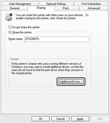 Για διακομιστή εκτύπωσης με Windows XP, XP x64, 2000, Server 2003 ή Server 2003 x64 Επιλέξτε Additional Drivers (Πρόσθετα προγράμματα