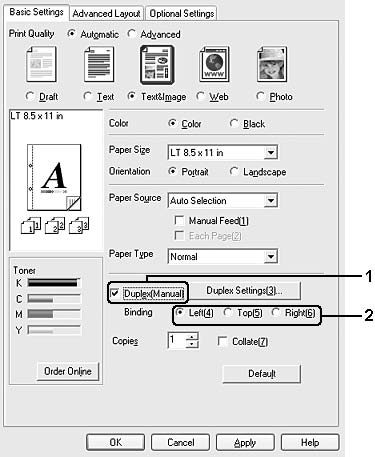 3. Επιλέξτε το πλαίσιο ελέγχου Duplex (Manual) (Διπλή όψη Μη αυτόματη) και κατόπιν επιλέξετε Left (Αριστερά), Top (Επάνω) ή Right (Δεξιά) ως Binding position (Θέση βιβλιοδεσίας). 4.