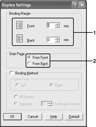 5. Ορίστε τη ρύθμιση Binding Margin (Περιθώριο βιβλιοδεσίας) για την μπροστινή και την πίσω πλευρά του χαρτιού και επιλέξτε εάν θα εκτυπωθεί η μπροστινή ή η πίσω πλευρά του χαρτιού ως Start Page