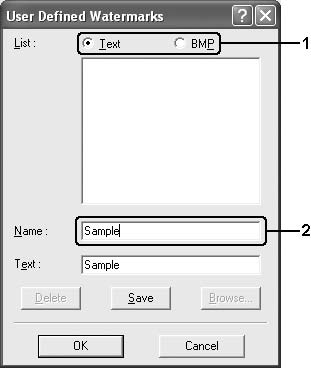 3. Επιλέξτε Text (Κείμενο) ή BMP και πληκτρολογήστε ένα όνομα για το νέο υδατογράφημα στο πλαίσιο Name (Όνομα). Σημείωση: Αυτή η οθόνη εμφανίζεται όταν επιλέξετε Text (Κείμενο). 4.