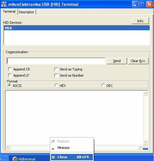 Isključiti HID terminala na način ilustrovan na Slici 50 (desni klik miša na komandnu liniju i biranje opcije Close).