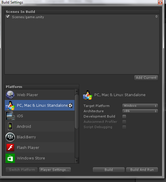 ΒΗΜΑ 11: Από το μενού File -> Build Settings, πατήστε το κουμπί Add Current για να προσθέσετε την τρέχουσα σκηνή στο "χτίσιμο" του project και επιλέξτε την πλατφόρμα στην οποία θέλετε να δημιουργηθεί