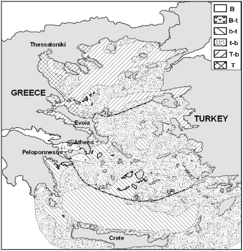 Εικ.44. Xωρική κατανομή των επιφανειακών ιζημάτων διαφoρετικής προέλευσης (χερσογενούς ή βιογενούς) του πυθμένα του Αιγαίου (Poulos, 2008).