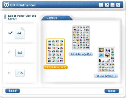 α. Βήµα 1: Επιλέξτε Paper Size (Μέγεθος χαρτιού) και Layout ( ιάταξη) ή Φόρτωση Εγγράφου Το DD PrintCenter σας παρέχει τρία τυπικά µεγέθη χαρτιού. Είναι οι τύποι A4, 4*6 και 3*5 ιντσών.