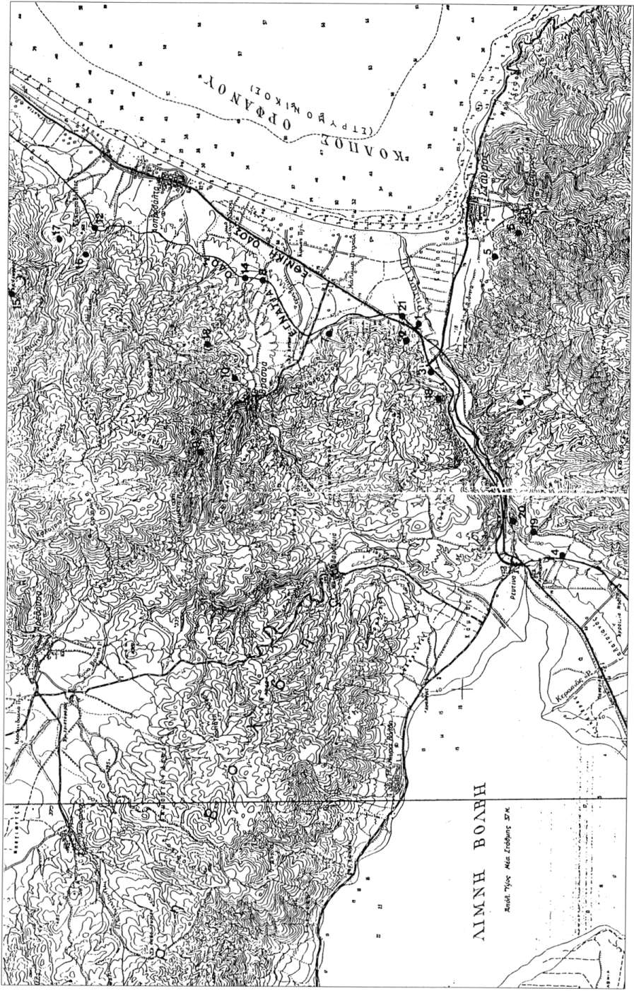 Εικ 1 Τοπογραφικό διάγραμμα της περιοχής του Ρηχίου ποταμού και του ΒΔ. τμήματος του Στρνμονικού κόλπου. Υπόμνημα χάρτη: I. Μύλος Κουντουρά, 2. Αρχαίος οικισμός, 3. Αναποδογιάννης, 4.