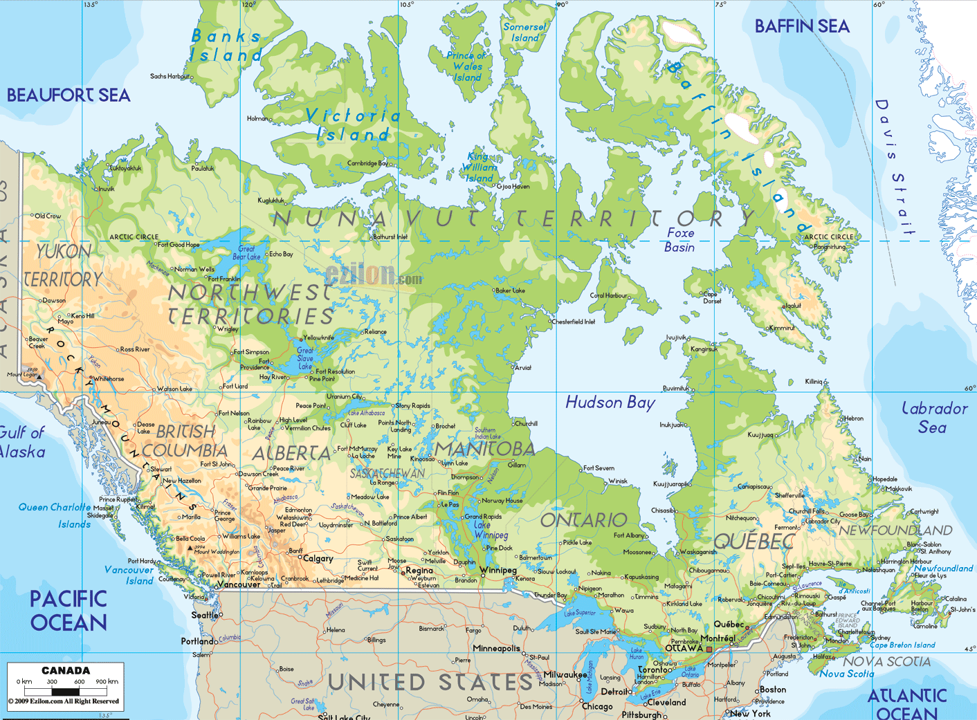 Mountains αποτελούν μια μεγάλη οροσειρά στις δυτικές ακτές του Ειρηνικού ξεκινώντας από τις 54 ο βόρεια με μέγιστο υψόμετρο που ξεπερνά τα 4000 m. Σχήμα 3.3: Γεωγραφικός χάρτης του Καναδά.