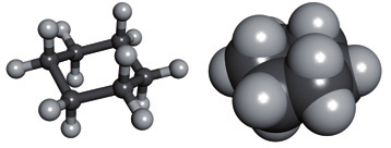 Obr. 5.8 Modely molekuly cyklohexánu ROZŠIRUJÚCE UČIVO ++ Pri cyklopropáne nemôže byť zachovaný väzbový uhol 109 28, preto je nestabilný.