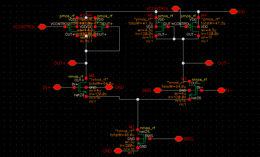 Σχήμα 5.1.1 Symmetric Load Buffer Stage Όπως βλέπουμε και στο σχήμα αποτελείται από ένα διαφορικό στάδιο που σαν φορτίο του, έχει ένα ζέυγος από PMOS τρανζίστορ.