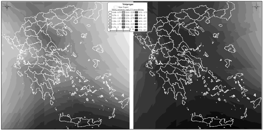 Εικόνα 5. Κατανομή της ερυθηματογόνου ηλιακής ακτινοβολίας σε νεφοσκεπή ουρανό το φθινόπωρο (αριστερά) και το χειμώνα (δεξιά).