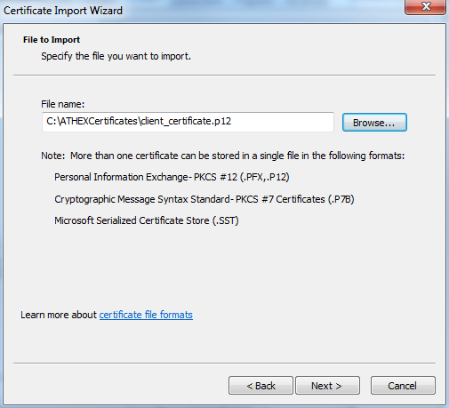 Επιλέγουμε «Browse» και διαλέγουμε το πιστοποιητικό (αρχείο με κατάληξη.